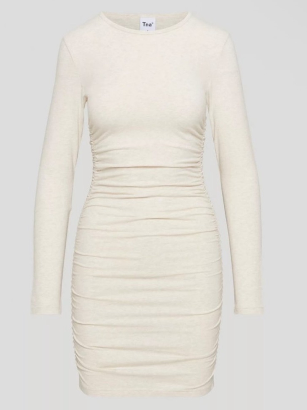 TNA ARITZIA Heather Light Oatmeal Chill Malibu Ruched Side Knit Mini Dress Long